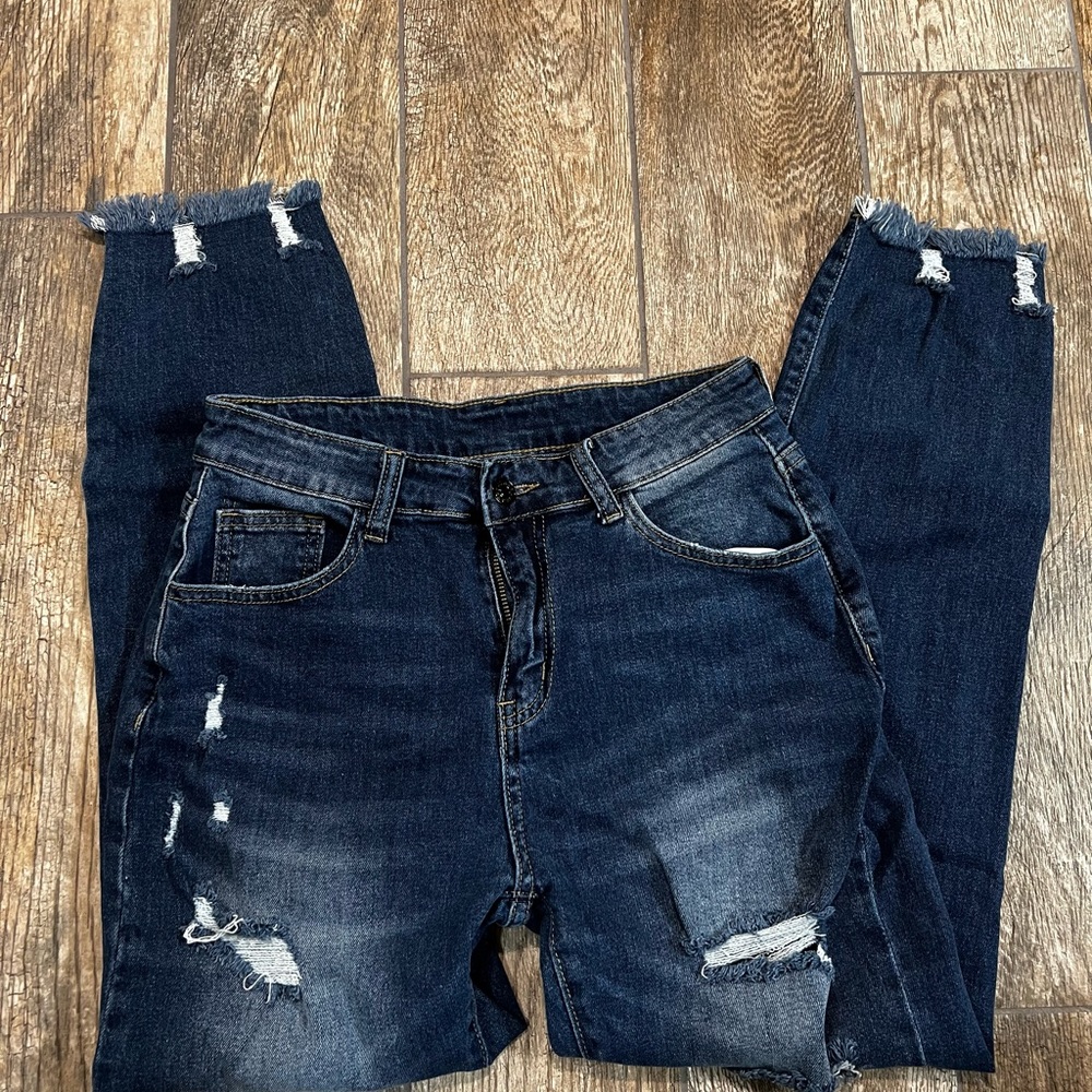 Sidefeel Women’s Distressed Raw Hem Boyfriend Jeans Straight Leg size 10